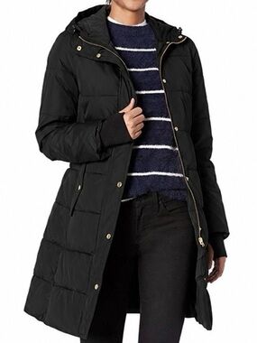 J.Crew Mercantile Long Length Black Puffer Coat with Gold Details